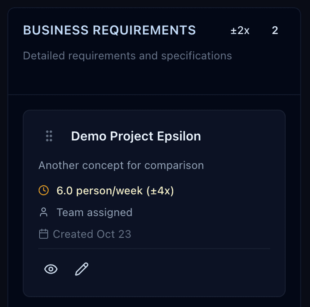 ScopeCone discovery card detail showing Business Requirements stage, current uncertainty, responsible owner, and linked discovery artifacts