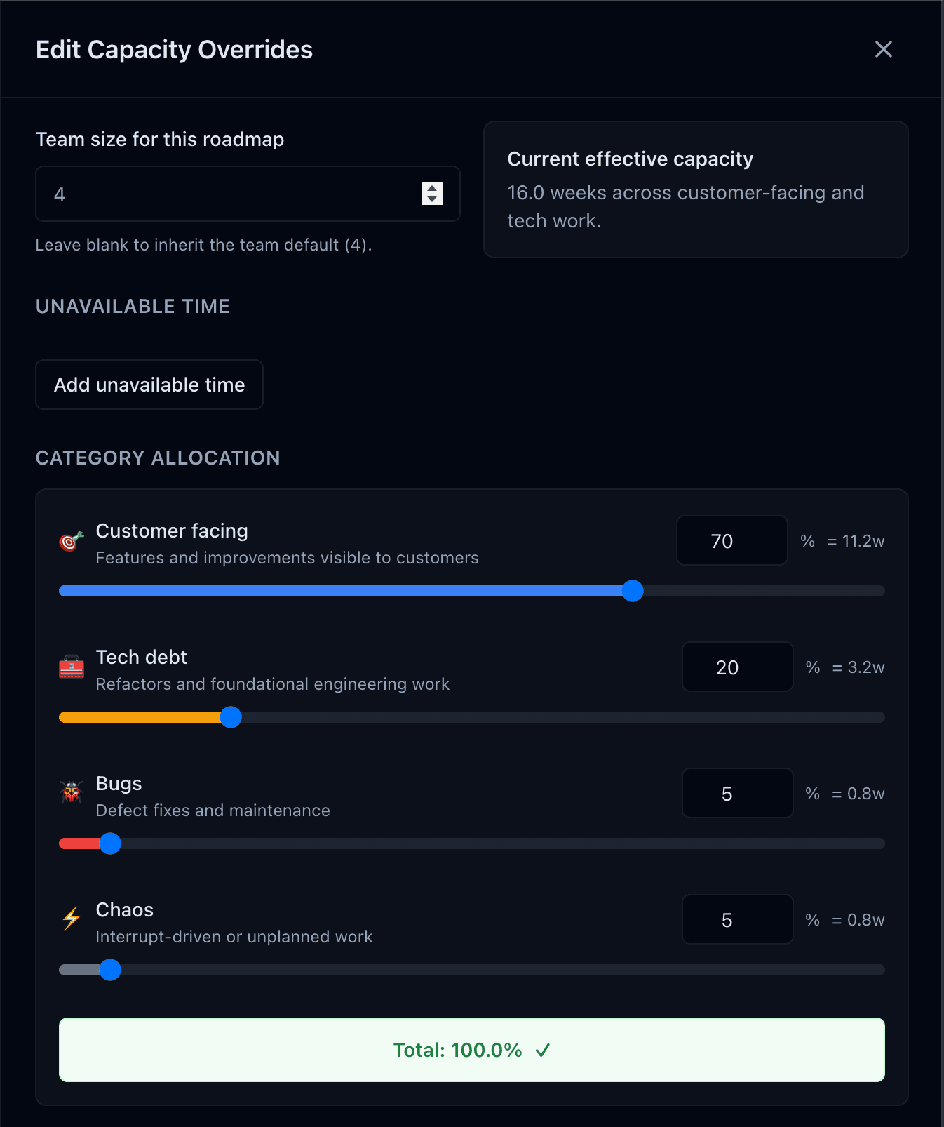 ScopeCone capacity allocation editor showing customer-facing, technical debt, bug, and chaos percentages